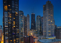 Chicago city skyline at night with stars