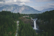 aerial view over a waterfall and dam