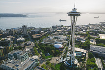 Aerial view over Seattle Space Needle 