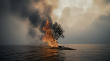 AI Generated Image. Dried tree burning in the sea