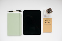 pens, journal, field notes book, succulent plant, iPad, earbuds, iPhone, cellphone, stylist, latte, mug