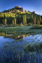 A marsh in front of a mountain with rocky cliffs.