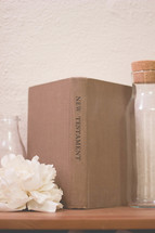 flowers, glass bottles, The New Testament, book, shelf, wood 