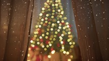 Christmas Tree hidden behind a house curtain and snow