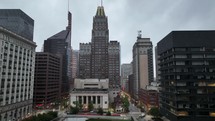 Drone footage of an overcast day in downtown Baltimore, Maryland.