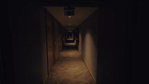 A steadicam shot of a long dark hotel hallway. The wooden doors on one side of the corridor and large shiny windows on another. The warm yellow light is muted that gives the interior some mysterious atmosphere