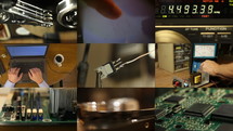 High tech split screen montage of electronic devices and processes