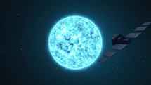 Satellite traveling towards an orbiting blue star in outer space, 3D animation.	