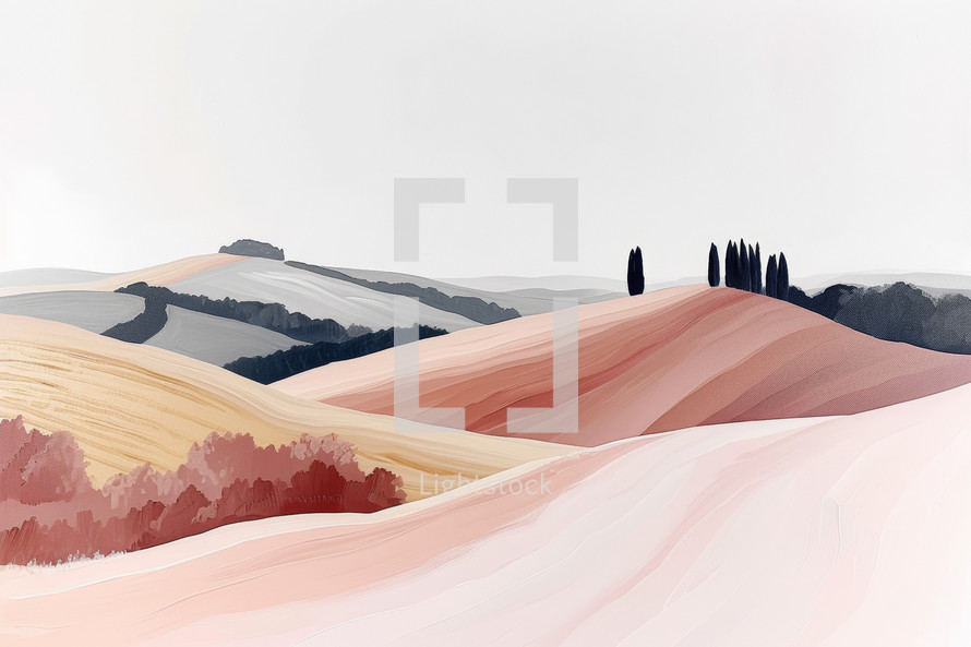 Minimalist landscape painting, rolling hills with pastel shades, serene, modern art.