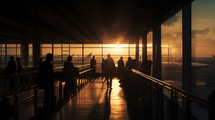 Busy people at an airport at sunset. Travel concept. 