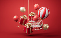 Gift box and shopping cart, 3d rendering.