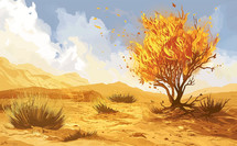 Illustration artwork of the burning bush in the desert