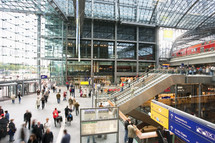 Inside the main entrance to Berlin Hauptbahnhof, the main Railway Station in Berlin. Germany- for editorial use only.