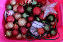 bucket of Christmas decorations 
