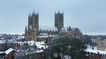 Snowy English Winter Aerial View Over Lincoln Cathedral