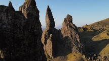 Drone footage of the Storr mountain peak in Scotland.