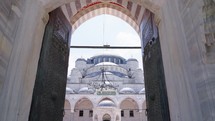 Blue mosque or Sultanahmet courtyard interior view turkish architecture muslim islam temple cultural heritage. Istanbul Turkey Fatih. 
