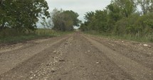 Unpaved dirt road surrounded by green trees on moody, grey, overcast, cloudy sky on summer afternoon in rural area.