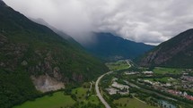 Drone slowly traversing the verdant slopes of Austrian Dolomites