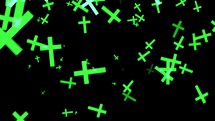 Particles of green religious crucifixes pass on the black background