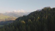 Aerial of forest, hills and mountains in sunset