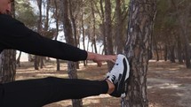 Man Does Leg Stretching On The Trunk Of A Pine Forest