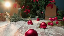 Christmas gifts and decorations on a wooden table 