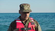 Miltary marine american man training on the shore