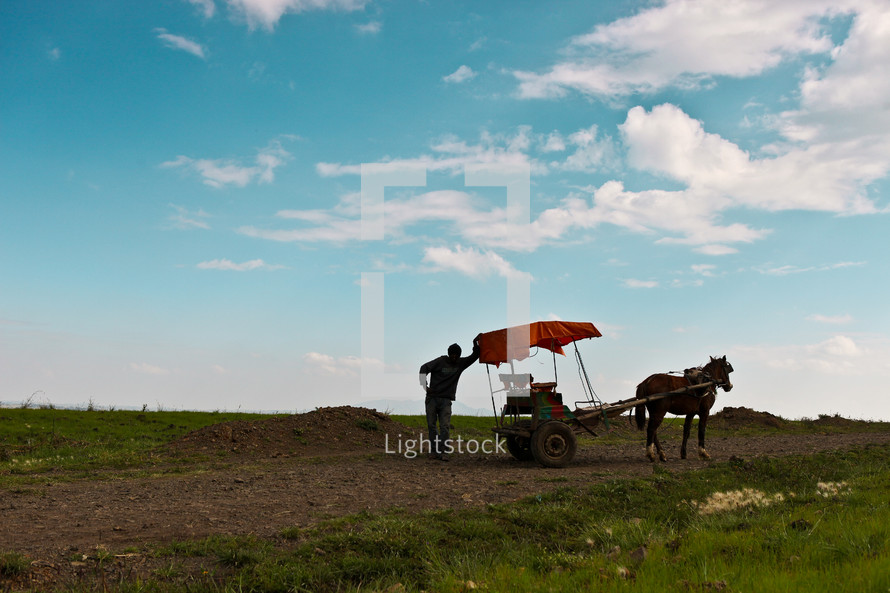 Man with horse and buggy on a dirt road.