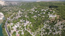 Aerial flyover view of Počitelj village, Bosnia and Herzegovina