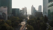 Paseo de La Reforma Avenue and The Angel of Independence Monument in Mexico City - aerial drone shot	