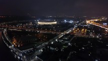 Night Moscow with Luzhniki Stadium, aerial view