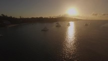 Aerial view of yachts in bay of Mauritius at sunset