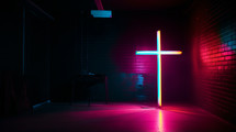 Neon lit cross in a dimly lit room. 