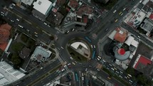 Aerial View Of A Traffic Roundabout On A Main Road In The City Of Quito In Ecuador.