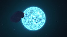 3D animation of a meteor traveling toward a blue star.	