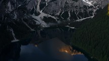 Lago di Braies Italy at sunrise, aerial view