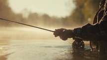 Young fly fisherman casting on a foggy river at sunrise