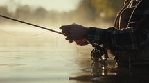 Young fly fisherman casting on a foggy river at sunrise