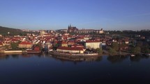 Aerial shot of Prague on Vltava river bank, Czech Republic