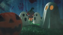 Passing Between Ghosts And Halloween Pumpkin