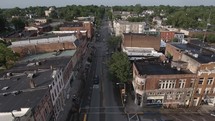Drone slow push over a small town's mainstreet 