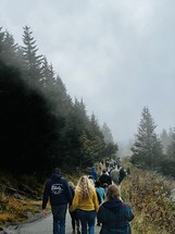 Group of people hiking on path through winter trees