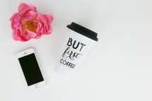 pink flower cellphone and coffee cup