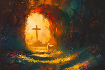 A painting of the cross inside the empty tomb with the lamb of God in the forefront 