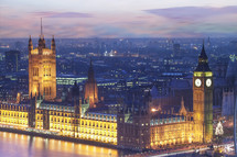 Elevated view of Big Ben and the Houses of Parliament at dusk. London, England.