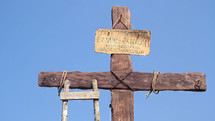 Wooden cross representing Sacrifice of Jesus Christ from Calvary hill, outside ancient Jerusalem.
