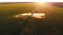 Aerial footage. Pesticide Sprayer Tractor working on a large green field at sunset. Aerial shot following on the side a tractor spraying wheat field against diseases. Farmer spraying soybean fields.