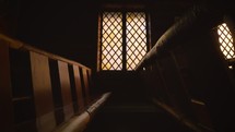 Old Wood Chapel Pew and Stained Glass