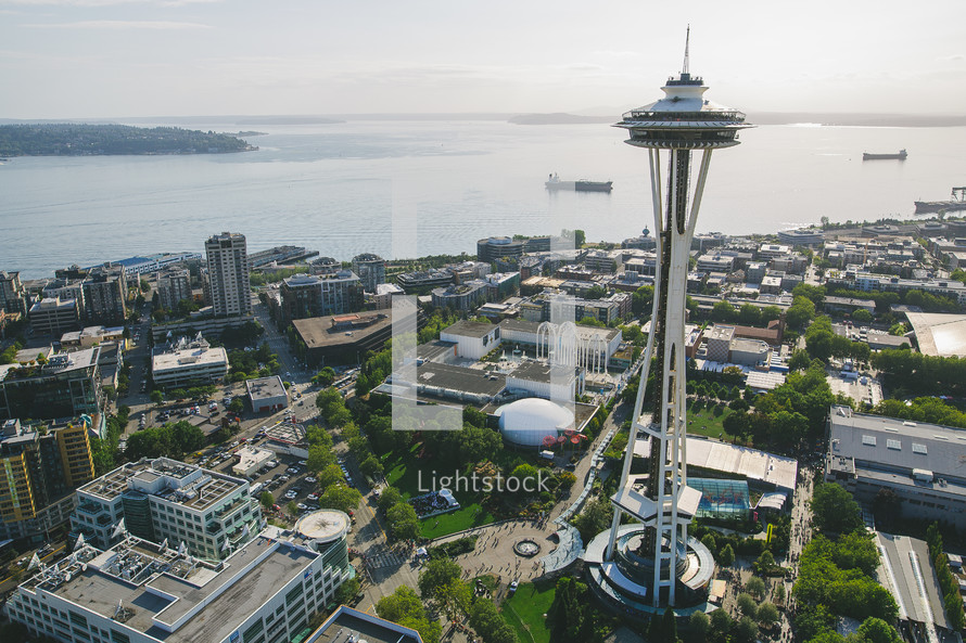 Aerial view over Seattle Space Needle 